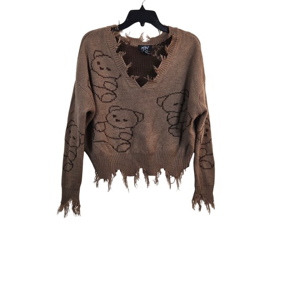 just polly Sweaters - Just Polly Womens Brown Teddy Bear Grunge Distressed Oversized Sweater Small Y2K